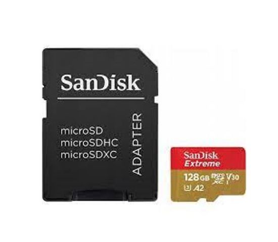 Picture of SanDisk Extreme microSDXC, SQXAA 128GB, V30, U3, C10, A2, UHS-I, 190MB/s R, 90MB/s W, 4x6, SD adaptor, Lifetime Limited, Action Cam