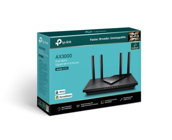 Picture of TP-Link Archer AX55 AX3000 Dual Band Gigabit Wi-Fi 6 Router, 2402 Mbps 5GHz, OFDMA, OneMesh, 4x High-Gain Antenna, Improved Battery, Alexa Compatible