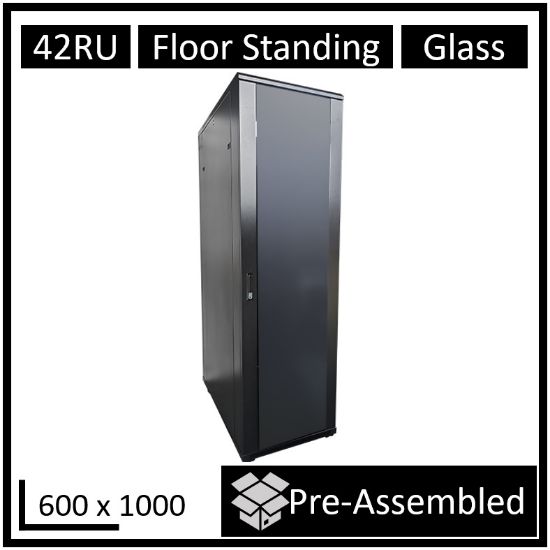 Picture of LDR Assembled 42U Server Rack Cabinet (600mm x 1000mm) Glass Door, 1x 8-Port PDU, 1x 4-Way Fan, 2x Fixed Shelves - Black Metal Construction