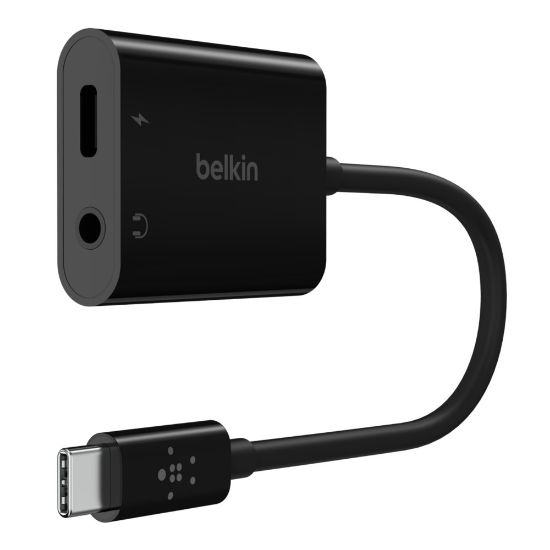 Picture of Belkin RockStar 3.5mm Audio + USB-C Charge Adapter - Black(NPA004btBK), 60W PD, Superior Audio, Compatible Withith Smartphones, 2 Years Warranty