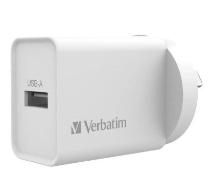 Picture of Verbatim USB Charger Single Port 2.4A - White Single Port Wall Charger Rohs, CE, Apple, Android, tablet, Handheld. OC, OV, SS, OT, Fire Resistant.