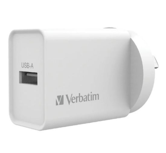 Picture of Verbatim USB Charger Single Port 2.4A - White Single Port Wall Charger Rohs, CE, Apple, Android, tablet, Handheld. OC, OV, SS, OT, Fire Resistant.