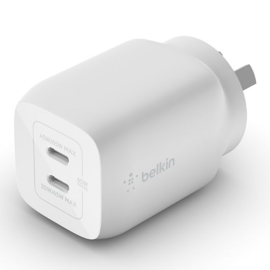 Picture of Belkin BoostCharge Pro 65W USB-C  (PD 3.0) PPS Dual GaN Wall Charger - White (WCH013auWH), Compact Laptop Charger, Travel-Ready, 2 Years Warranty