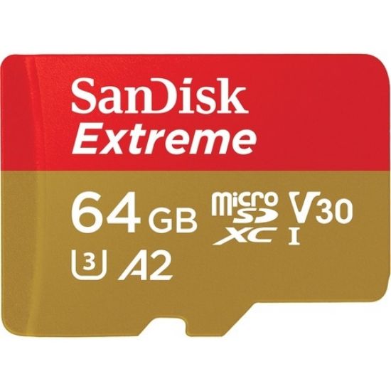 Picture of SanDisk Extreme microSDXC, SQXAH 64GB, V30, U3, C10, A2, UHS-I, 170MB/s R, 80MB/s W, 4x6, SD adaptor, Lifetime Limited, Action Cam/Drone SKU