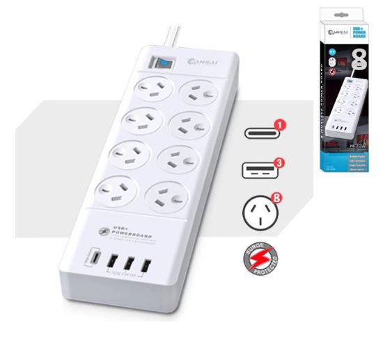 Picture of Sansai 8 Outlet 3*USB-A & 1*USB-C Powerboard Master On/Off switch Surge and overload protected 1M 20W 220-240V 10A IV Retail box