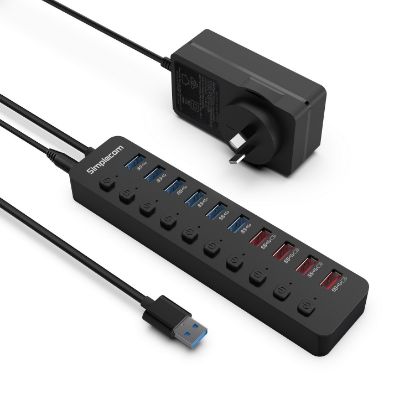 Picture of Simplecom CHU810 48W 10-Port USB 3.0 Hub and Charger with Individual Switches 12V/4A Power Adapter BC1.2 Fast Charging