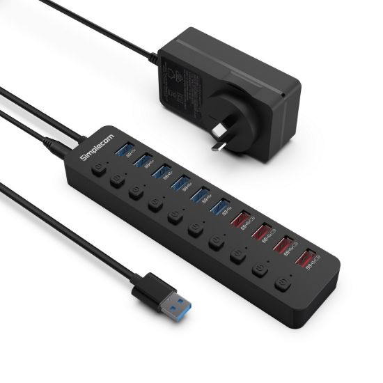 Picture of Simplecom CHU810 48W 10-Port USB 3.0 Hub and Charger with Individual Switches 12V/4A Power Adapter BC1.2 Fast Charging