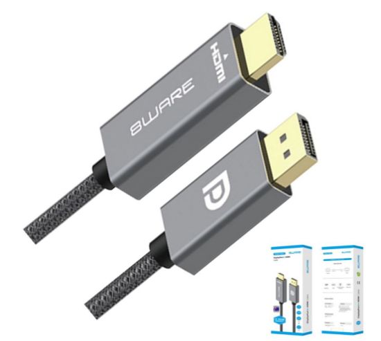 Picture of 8ware 2m DisplayPort DP to HDMI 1.4v Male to Male Adapter Converter Cable Retail Pack 1080P Nylon Braide for Video Card PC Notebook to Monitor Project