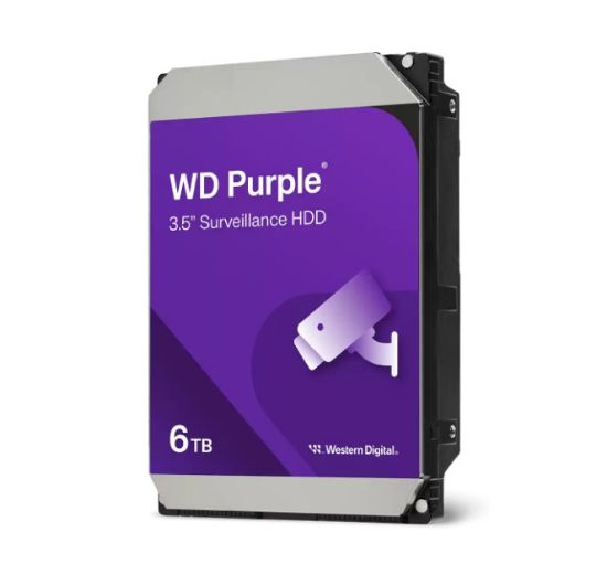 Picture of Western Digital WD Purple 6TB 3.5' Surveillance HDD 5400RPM 64MB SATA3 175MB/s 180TBW 24x7 64 Cameras AV NVR DVR 1.5mil MTBF 3yrs