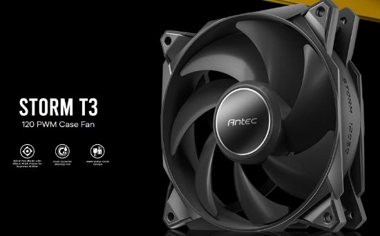 Picture of Antec Storm 120mm T3 PWM FDB 3 Pack. High Airflow 80.47 CFM, Air Pressure 2.7, Noise Level 36.99. Woven Cable, PMW Daisy Chain case fan 3 Yrs Warranty
