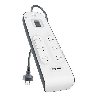 Picture of Belkin SurgePlus 6-Outlet 2-Meter Surge Protection Strip With Two (2.4) Amp USB Charging Ports - (BSV604au2M), CEW $30,000, 2 Years Warranty