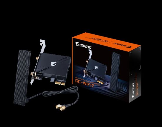 Picture of Gigabyte GC-WIFI7 Motherboard, Wi-Fi 7, up to 5800Mbps, up to 320MHz bandwidth support across the 2.4GHz, 5GHz, and 6GHz bands, 2Tx2R antenna, PCIe x1