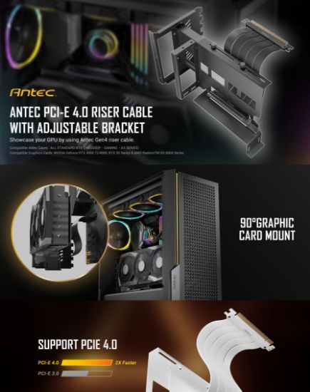 Picture of Antec Adjustable Vertical PCI Bracket and PCI-E 4.0 Cable Kit (200mm) White. Universal. Premium Gold Plated + RTX 4050 / 4060 / 4070 and AMD 6000(LS)