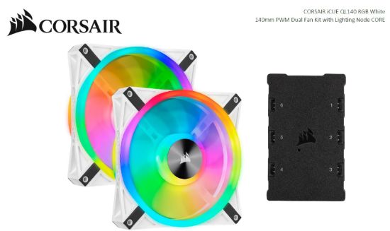 Picture of Corsair QL140 RGB White Dual Fan Kit with Lighting Node Core, ICUE, 140mm RGB LED PWM Fan 26dBA, 50.2 CFM, 2 Fan Pack