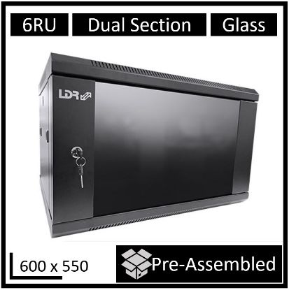 Picture of LDR Assembled 6U Hinged Wall Mount Cabinet (600mm x 550mm) Glass Door - Black Metal Construction - Top Fan Vents - Side Access Panels