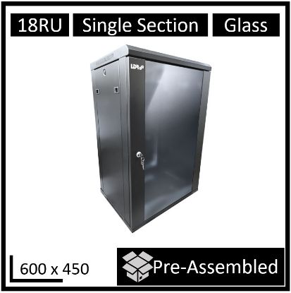 Picture of LDR Assembled 18U Wall Mount Cabinet (600mm x 450mm) Glass Door - Black Metal Construction - Top Fan Vents - Side Access Panels