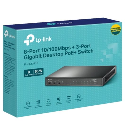 Picture of TP-Link TL-SL1311P 8-Port 10/100Mbps + 3-Port Gigabit Desktop Switch with 8-Port PoE+, Extend Mode for 250m PoE Transmitting, Isolation Mode, PoE Aut