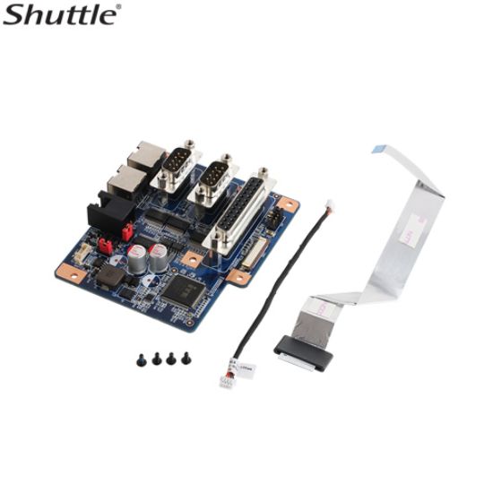 Picture of Shuttle PS01 Vertical Stand compatible with Shuttle AIO P90U and X50 series. It provides an additional RJ11 type DIO Port (12V/24V) and four COM Ports