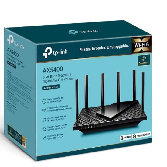 Picture of TP-Link Archer AX55 Pro AX3000 Dual-Band Wi-Fi 6 Router,  574 Mbps at 2.4 GHz + 2402 Mbps at 5 GHz  , 4× Antennas,1× 2.5 Gbps WAN/LAN Port + 1× Gigabi