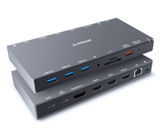Picture of mbeat 15-in-1 Triple Display USB-C Docking Station 2x HDMI 1x DP 1x 100W PD 3.0 1x USB-C 3.1 Gen2 3x USB 3.0 1x USB 3.1 Gen2 MicroSD/SD Card 1x 1Gb