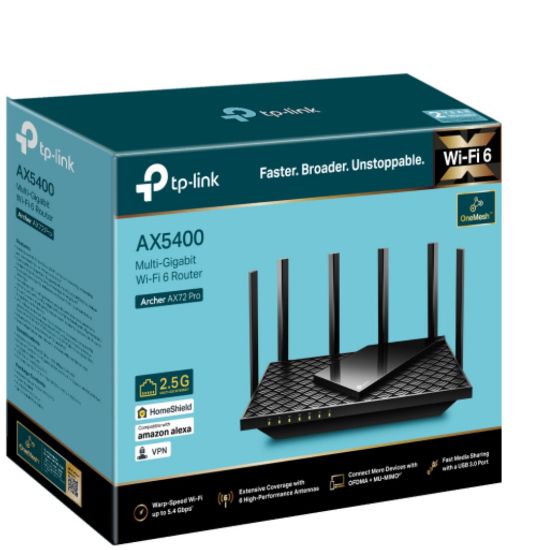 Picture of TP-Link Archer AX72 Pro AX5400 Multi-Gigabit WiFi 6 Router, 574 Mbps at 2.4 GHz + 4804 Mbps at 5 GHz, Beamforming, Smart Connect, Airtime Fairness