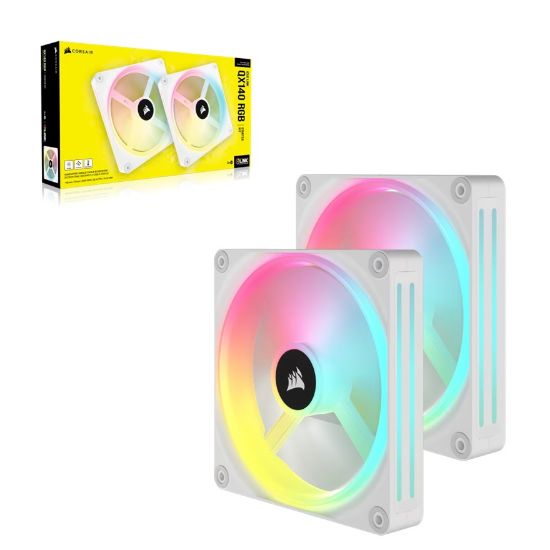 Picture of Corsair QX RGB Series, iCUE LINK QX140 RGB WHITE, 140mm Magnetic Dome Bearing. PWM RGB Dual Fan, Starter Kit