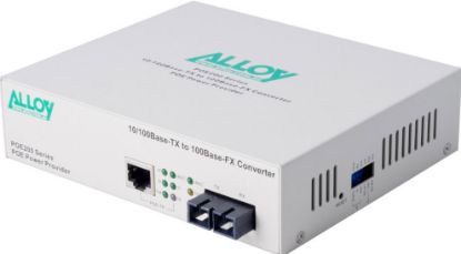 Picture of Alloy POE200SC PoE PSE Fast Ethernet Media Converter, has a 10/100Mbps PoE RJ-45 port and a SC terminated multimode fibre port