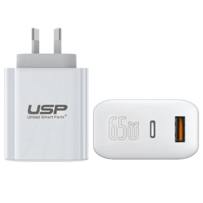 Picture of USP Dual Port PD 65W GaN Fast Wall Charger USB-C + USB-A for Phone Laptop, Intelligent,Travel Ready,PPS Technology