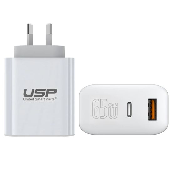 Picture of USP Dual Port PD 65W GaN Fast Wall Charger USB-C + USB-A for Phone Laptop, Intelligent,Travel Ready,PPS Technology