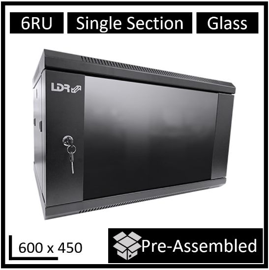 Picture of LDR Assembled 6U Wall Mount Cabinet (600mm x 450mm) Glass Door - Black Metal Construction - Top Fan Vents - Side Access Panels