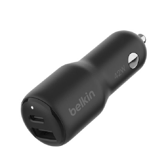 Picture of Belkin BoostCharge Dual Car Charger 42W - Black (CCB005BTBK), 1xUSB-C (PD, 30W), 1XUSB-A, 1x USB-C, Dual Port Fast Charger,CEW $2500,2 Years Warranty