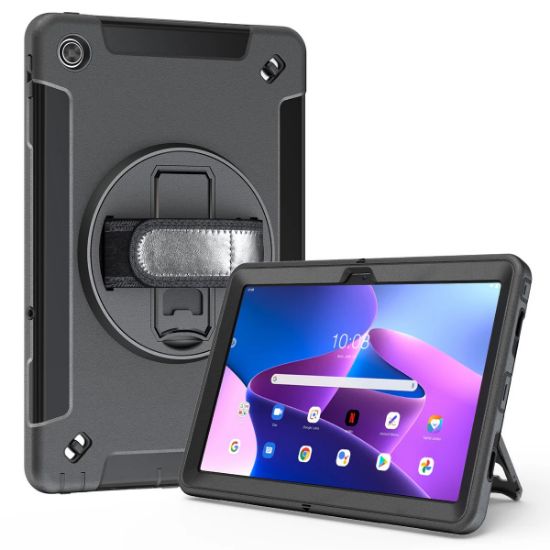 Picture of USP Rugged Lenovo Tab M10 Plus (10.6') (3rd Gen) Case + Screen Protector Black - Built-in-Kickstand, Adjustable Hand Strap, DropProof, ShockProof