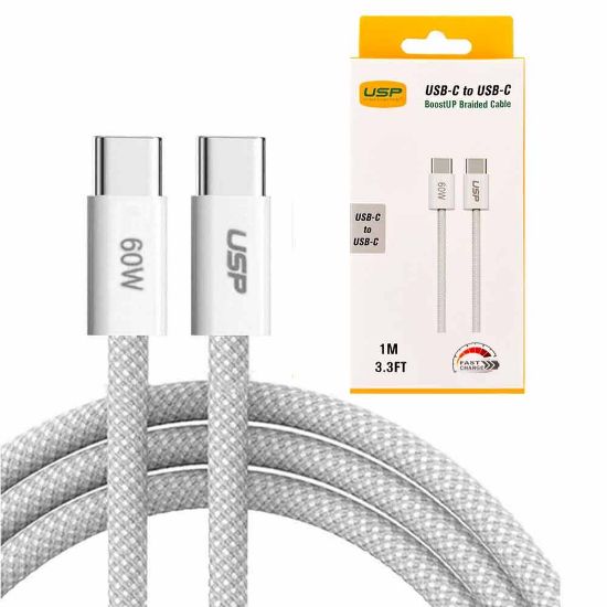 Picture of USP Braided USB-C to USB-C PD 60W High Density Fast Charge Cable (1M) White - 3A Fast & Safe Charge,Strong & Durable, Samsung Galaxy,Apple iPhone