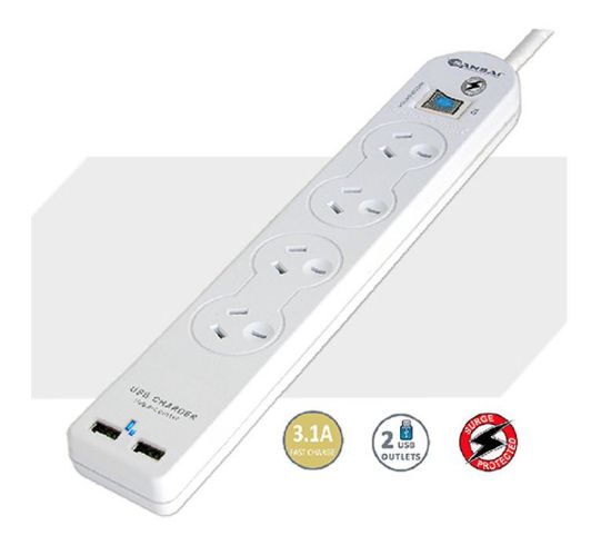 Picture of Sansai 4 Way Basic Powerboard USB Ax2 4 Outlets Master Switch Surge and overload protection1M Length