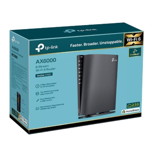 Picture of TP-Link Archer AX80 AX6000 8-Stream Wi-Fi 6 Router with 2.5G Port, 1148 Mbps at 2.4 GHz + 4804 Mbps at 5 GHz, Access Point Mode, IPv6 Supported, IPTV,