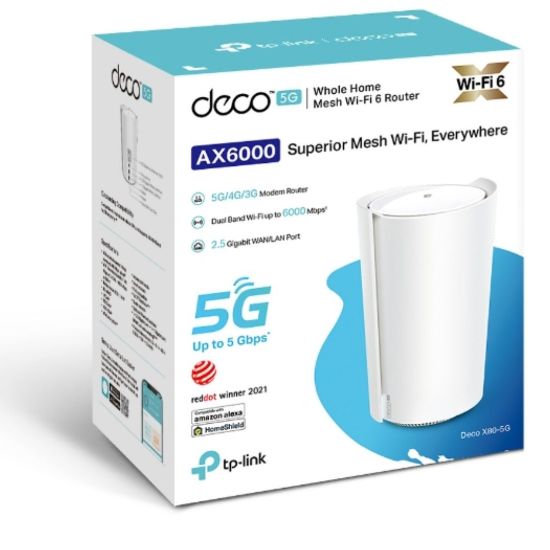 Picture of TP-Link Deco X80-5G(1-pack) 5G AX6000 Whole Home Wi-Fi 6 Gateway,  4804Mbps at 5 GHz + 1148Mbps at 2.4 GHz, 5G 5Gbps/900Mbps, 4G+ Cat20 2Gbps/200Mbps