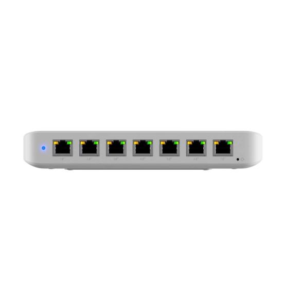 Picture of Ubiquiti Ultra 210W, Compact 8-port Layer 2 GbE PoE Switch Versatile Mounting Option,7 GbE PoE+ Output& 1 GbE port, Includes PSU,