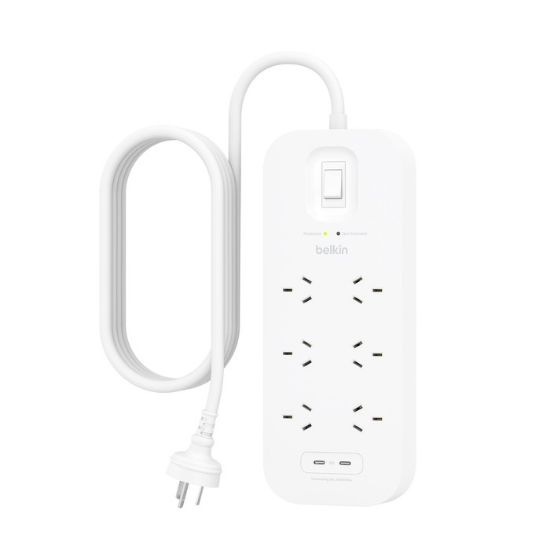 Picture of Belkin SurgePro 6-Outlet Surge Protector with Dual USB-C 30W - (SRB006AU2M), 650 Joules Protection, RCM Safety Certified, CEW $50,000,2 Years Warranty