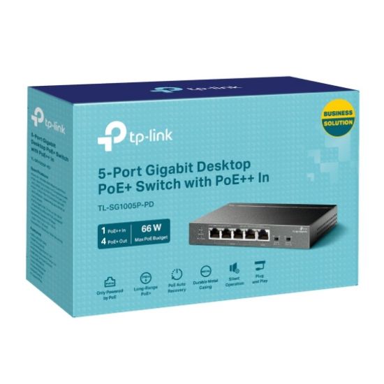 Picture of TP-Link TL-SG1005P-PD 5-Port Gigabit Desktop PoE+ Switch with 1-Port PoE++ In, 4-Port PoE+ Out, Metal Case, Long Range 250M, Up to 66W Total POE Budge