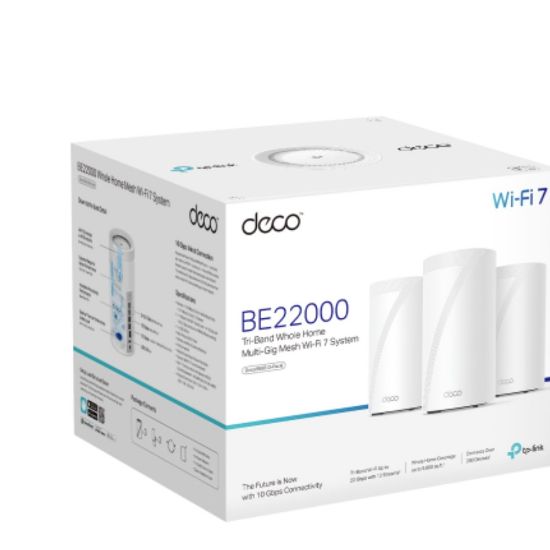 Picture of TP-Link Deco BE85(3-pack) BE22000 Tri-Band Whole Home Mesh Wi-Fi 7 System (WIFI7) 1376 Mbps at 2.4 GHz + 8640 Mbps at 5 GHz + 11520 Mbps at 6 GHz
