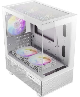 Picture of Antec CX200M RGB Elite, mATX, 270 degrees view, USB 3.0 x 2, Audio I/O Bottom. Mesh front and bottom. Clear Glass View, 5x RGB Fans. White Gaming Case