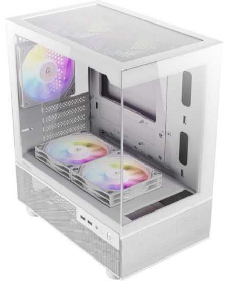 Picture of Antec CX200M RGB Elite, mATX, 270 degrees view, USB 3.0 x 2, Audio I/O Bottom. Mesh front and bottom. Clear Glass View, 5x RGB Fans. White Gaming Case