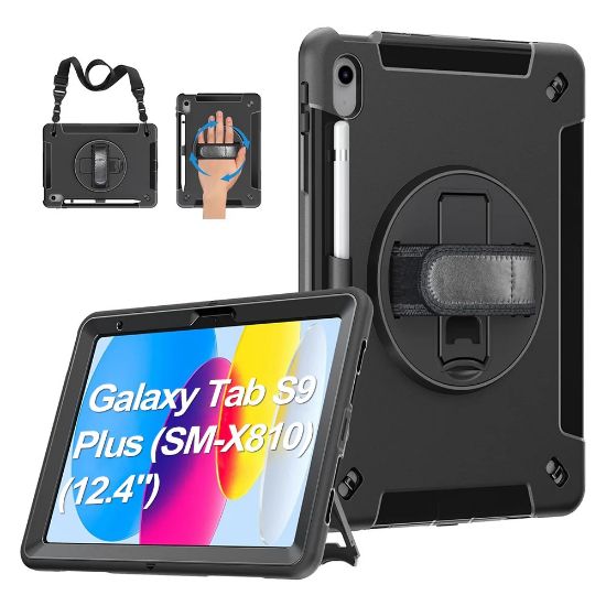 Picture of USP Rugged Samsung Galaxy Tab S10+/ Tab S9+ /Tab S9 FE+ (12.4') Case Black - Built-in-Kickstand, Adjustable Hand Strap, Shoulder Strap, Pen Holder