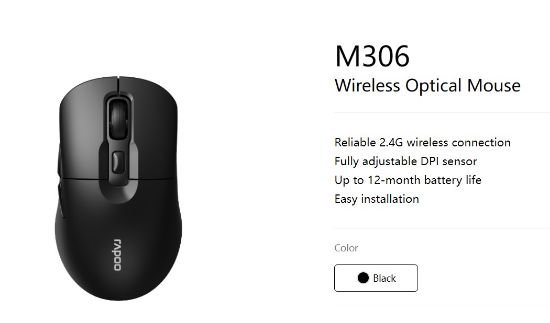 Picture of RAPOO M306 2.4 Wireless Optical Mice with Side FWD and Back Buttons. 12 Months Long Battery Life, Easy Installation. Adjustable DPI 3200. Office Mice.