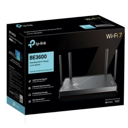 Picture of TP-Link Archer BE3600 BE3600 Dual-Band Wi-Fi 7 Router (WIFI7) 1148 Mbps at 2.4 GHz + 4804 Mbps at 5 GHz, 8× Antennas, 2.0 GHz Quad- Core CPU, 1*2.5Gbp