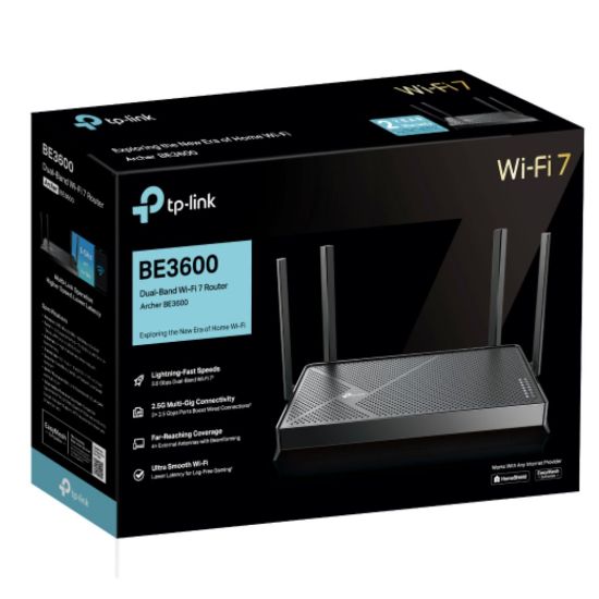Picture of TP-Link Archer BE3600 BE3600 Dual-Band Wi-Fi 7 Router (WIFI7) 1148 Mbps at 2.4 GHz + 4804 Mbps at 5 GHz, 8× Antennas, 2.0 GHz Quad- Core CPU, 1*2.5Gbp
