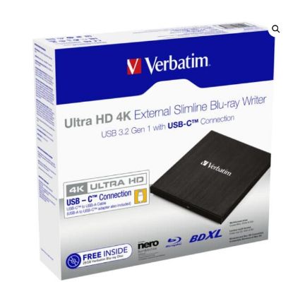 Picture of Verbatim External Slim Blue-ray Writer Ultra HD 4K Type-C Connection, USB 3.1 Gen1. Includes Nero Burning Software. Ultra Portable. New 2025