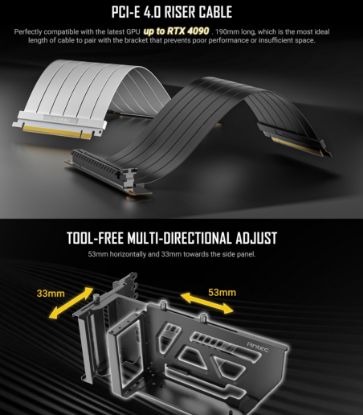 Picture of Antec Adjustable Vertical GPU Bracket and PCI-E 4.0 Riser Cable Kit (190mm) White x16 Speed, Gold Plated extreme stability & performance. 4090, 7900xt