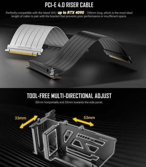 Picture of Antec Adjustable Vertical GPU Bracket and PCI-E 4.0 Riser Cable Kit (190mm) White x16 Speed, Gold Plated extreme stability & performance. 4090, 7900xt