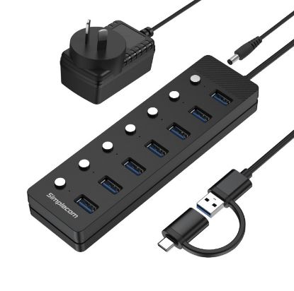 Picture of Simplecom CH375C USB-A and USB-C to 7-Port USB 3.0 Hub 5Gbps Individual Switches and Power Adapter